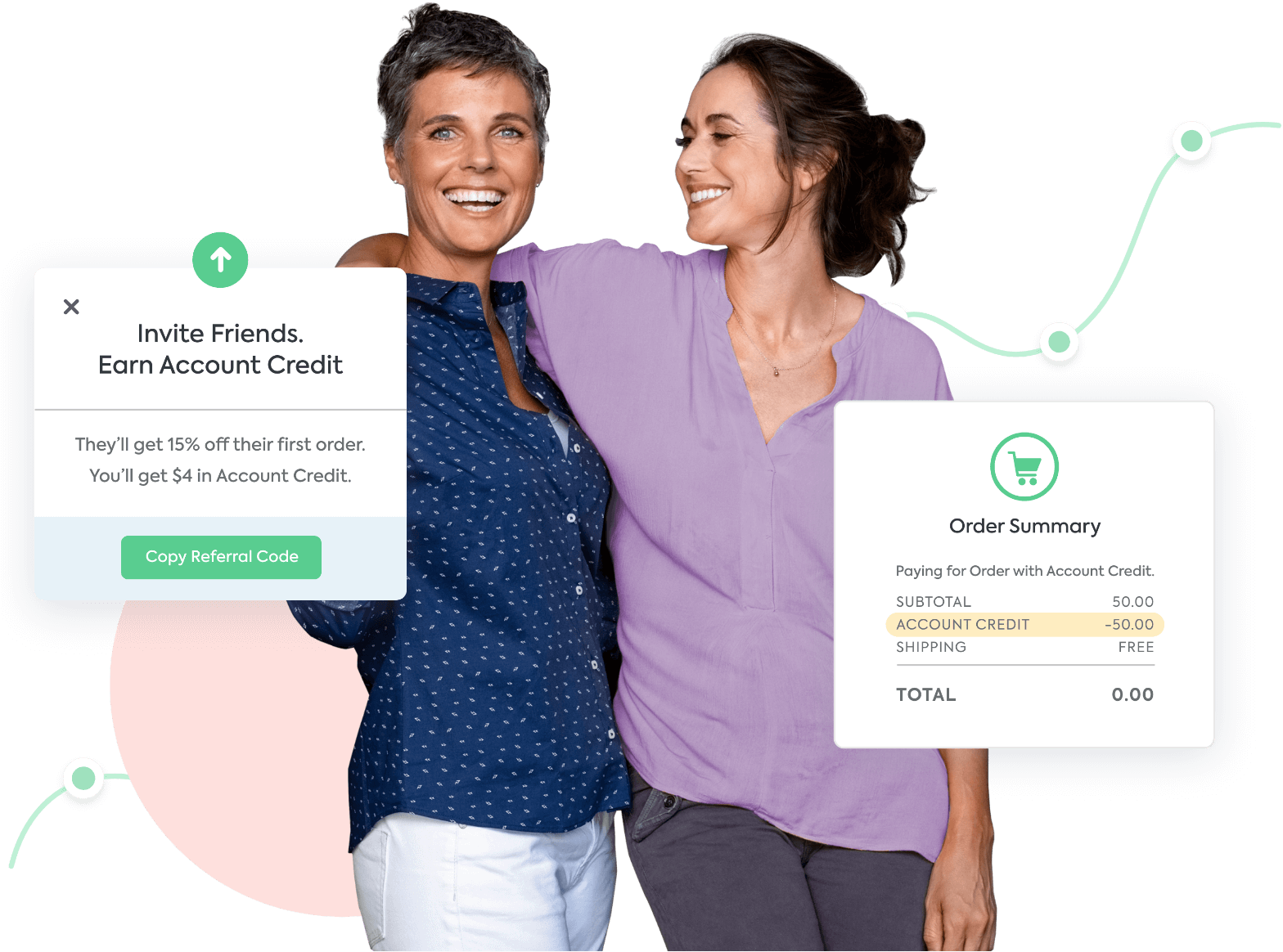 Two friends laughing with an invite code for referrals and a checkout screen using account credit.