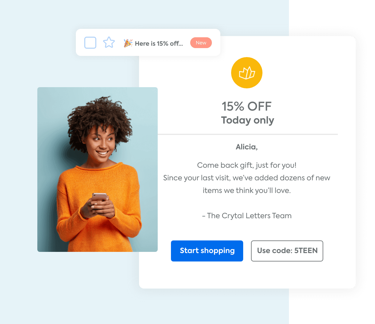 An automated marketing email offering a discount to a shopper that hasn't made a purchase lately and a woman holding her phone