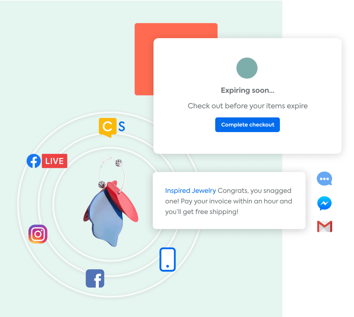 Boots surrounded by icons for Shopify, Instagram, website, CommentSold, Facebook, and mobile app