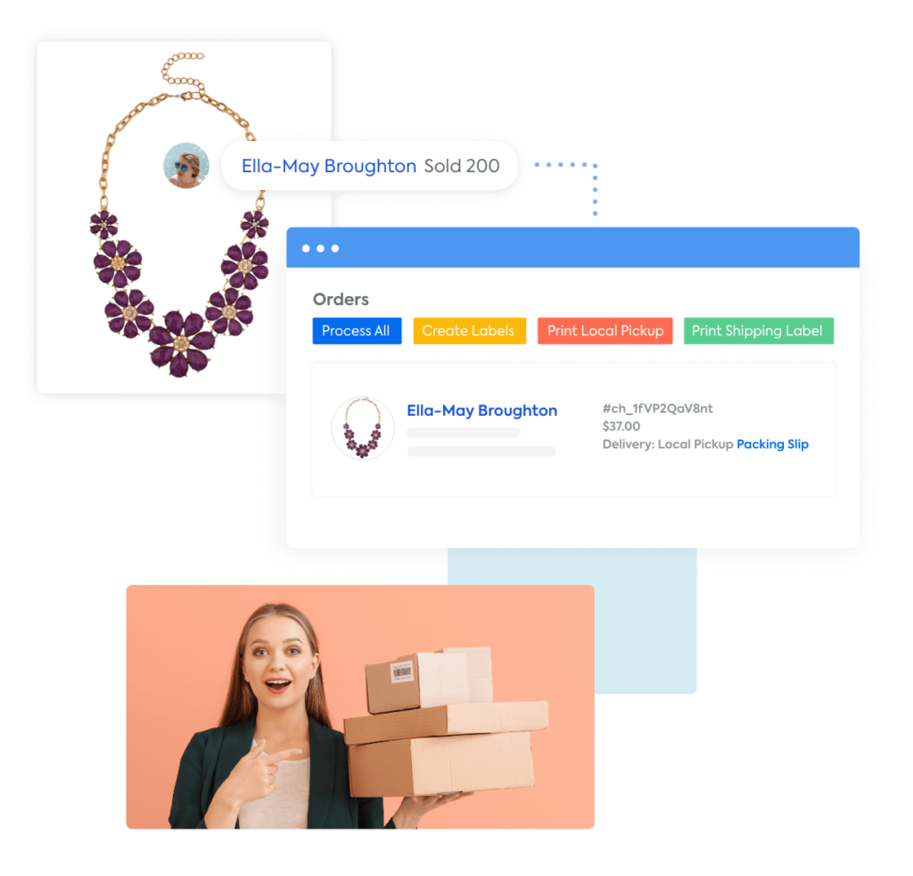 A necklace being purchased by comment, the CommentSold shipping and fulfillment screen, and a happy woman receiving her shipment