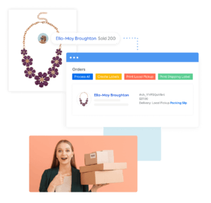 A necklace being purchased by comment, the CommentSold shipping and fulfillment screen, and a happy woman receiving her shipment