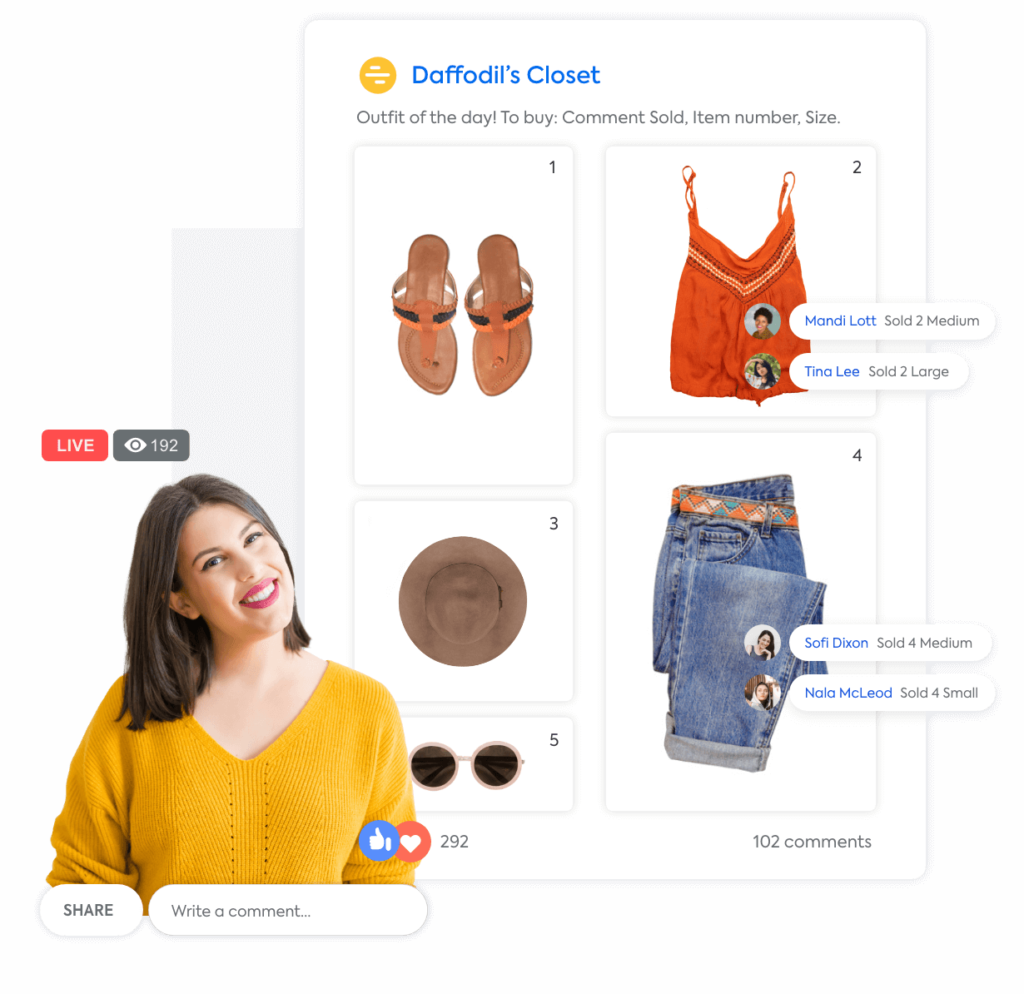 Woman selling on Facebook Live and a multi-item collage post on Facebook