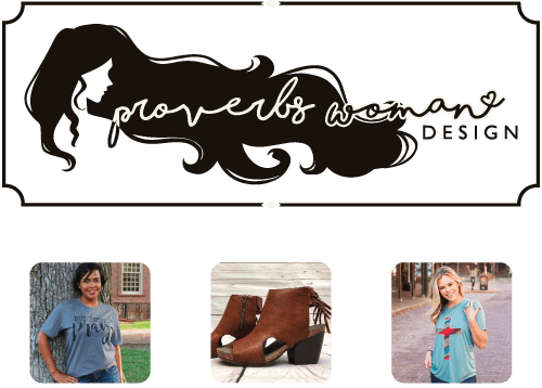 Logo for Proverbs Woman Design with product images below it.
