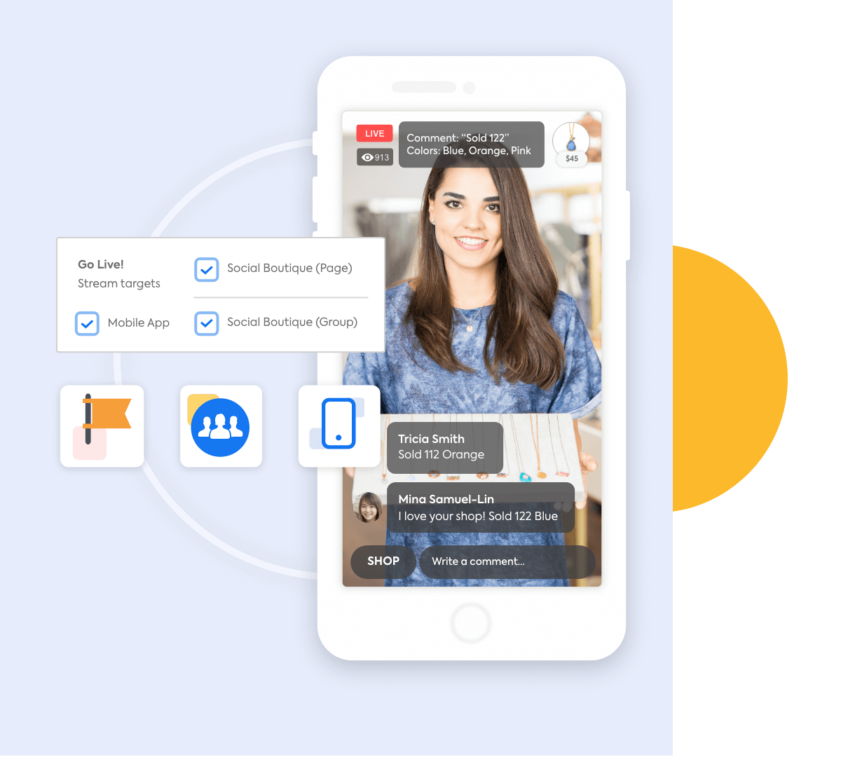 Boots surrounded by icons for Shopify, Instagram, website, CommentSold, Facebook, and mobile app