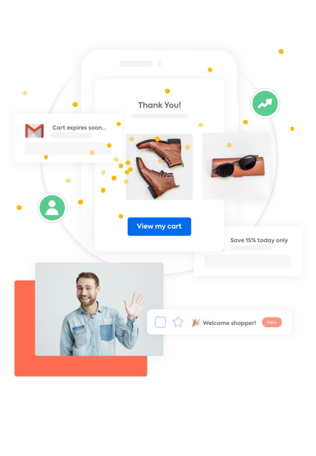 An automated marketing email offering a discount to a shopper that hasn't made a purchase lately and a woman holding her phone