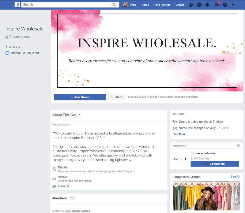 Inspire Boutique has a private group that is visibile to the public but exclusive to group members.