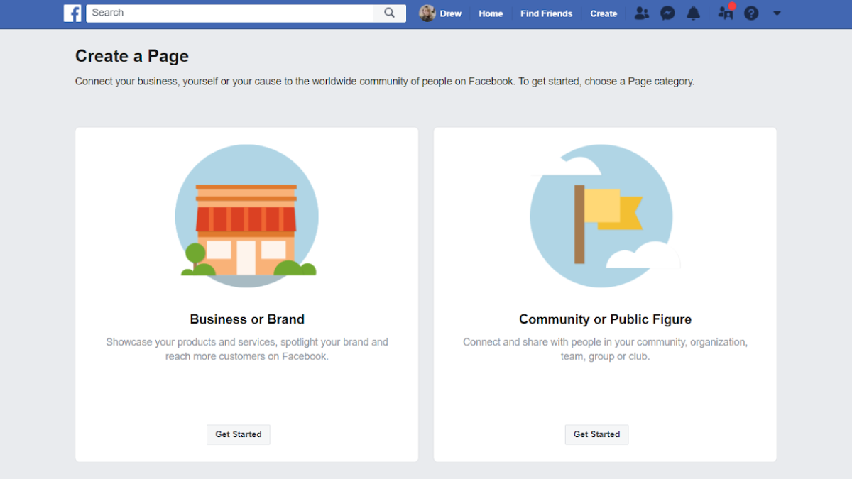 The first step to creating a Facebook Page for your business starts with selecting a page category.