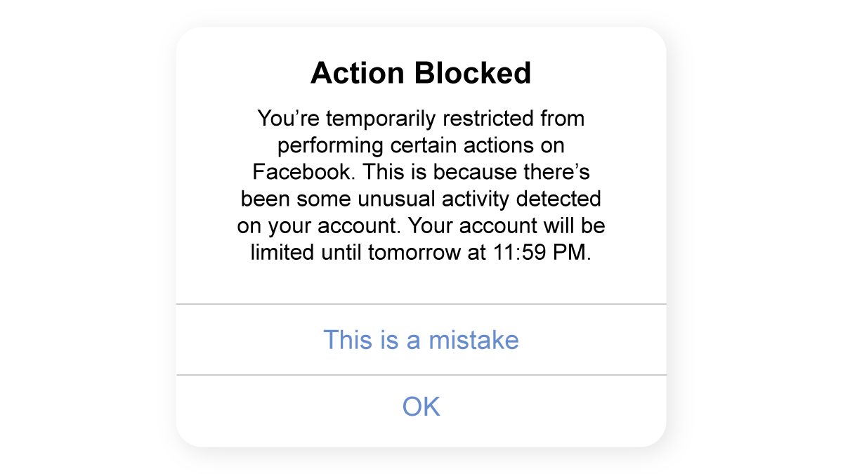 "Action Blocked" message from Facebook showing restrictions on an account with unusual activity.