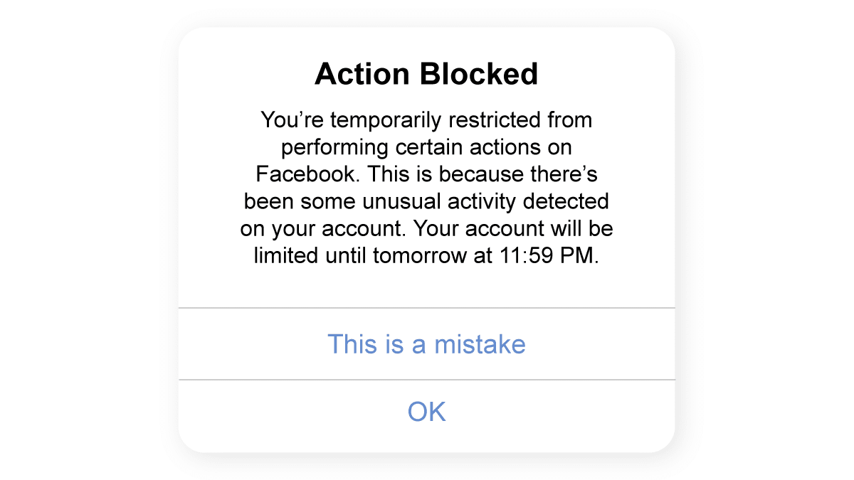 "Action Blocked" message from Facebook showing restrictions on an account with unusual activity.