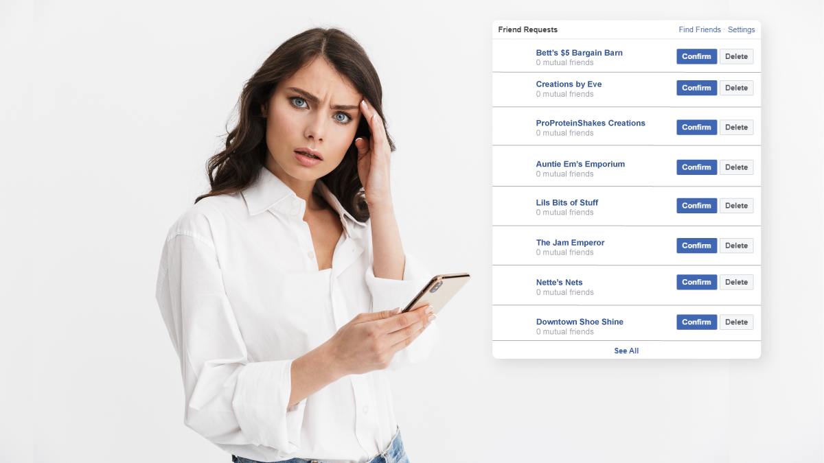 Frowning woman looks frustrated after receiving multiple friend requests from unknown businesses.