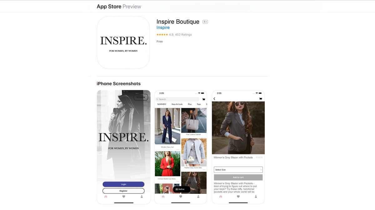 Inspire Boutique's app listing has beautiful images to entice more downloads.