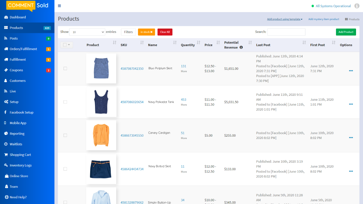 The CommentSold's product tab shows all inventory and where it is posted between your Facebook page, group, and mobile app.