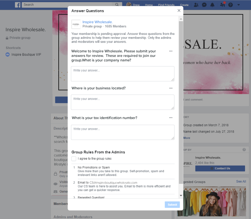 Facebook group questions help hone in on your target audience. Inspire Wholesale asks for business details to vet members for wholesale eligibility.