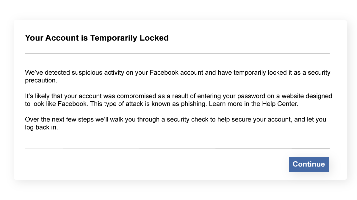 A Facebook Jail message showing a temporary account lock as a security precaution. 
