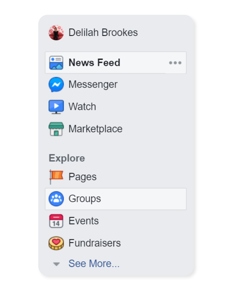 How to enter your Facebook groups tab through the side menu.