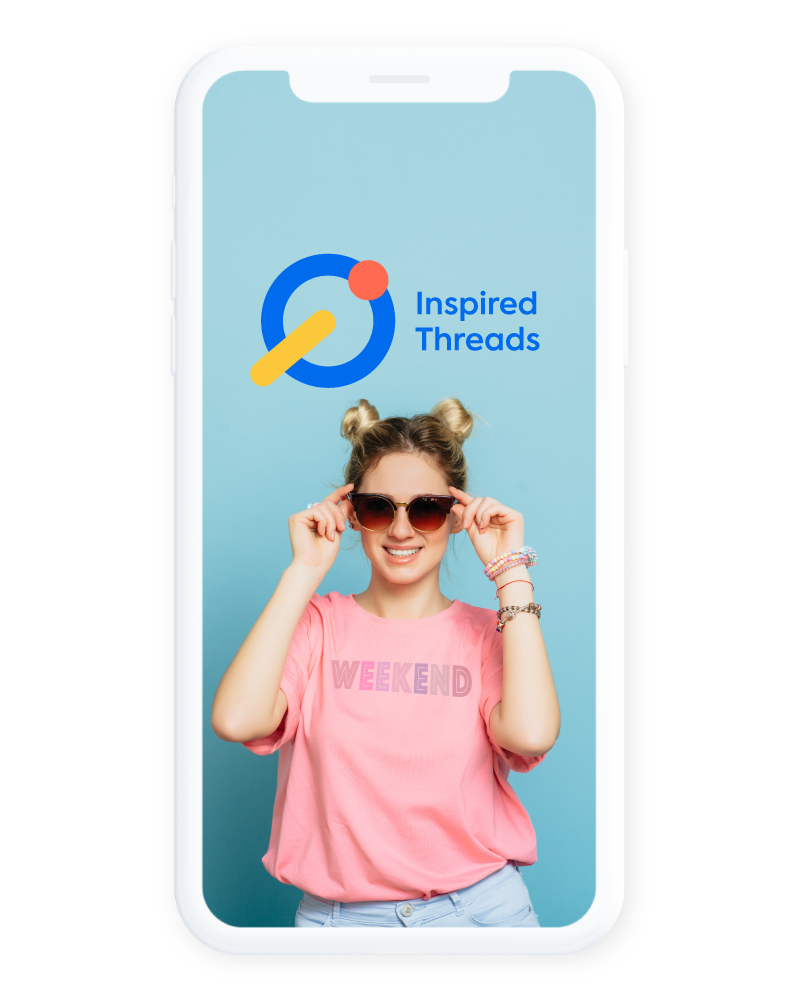 Inspired Thread's app uses a lifestyle image featuring a relaxed and smiling customer in sunglasses and one of their printed t-shirts, along with their logo.