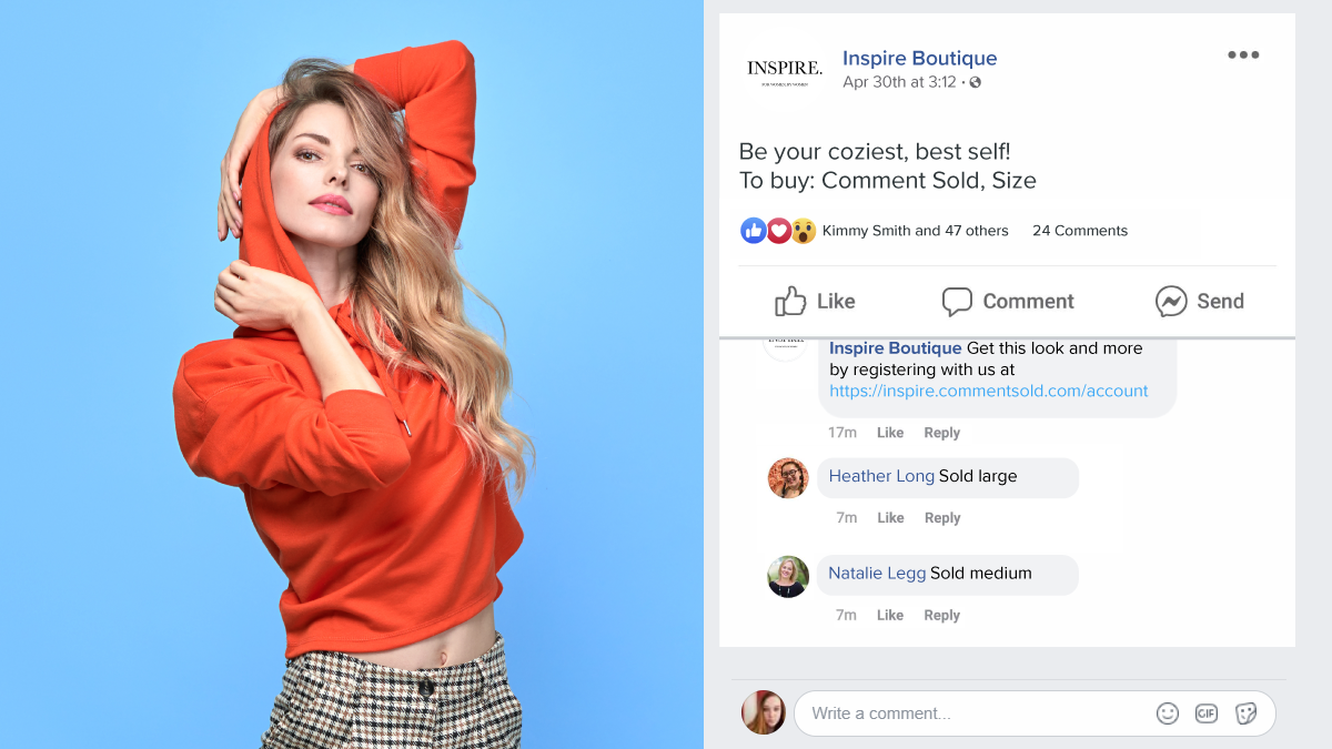 Inspire Boutique sells a hoodie through their Facebook page with comment selling techniques.