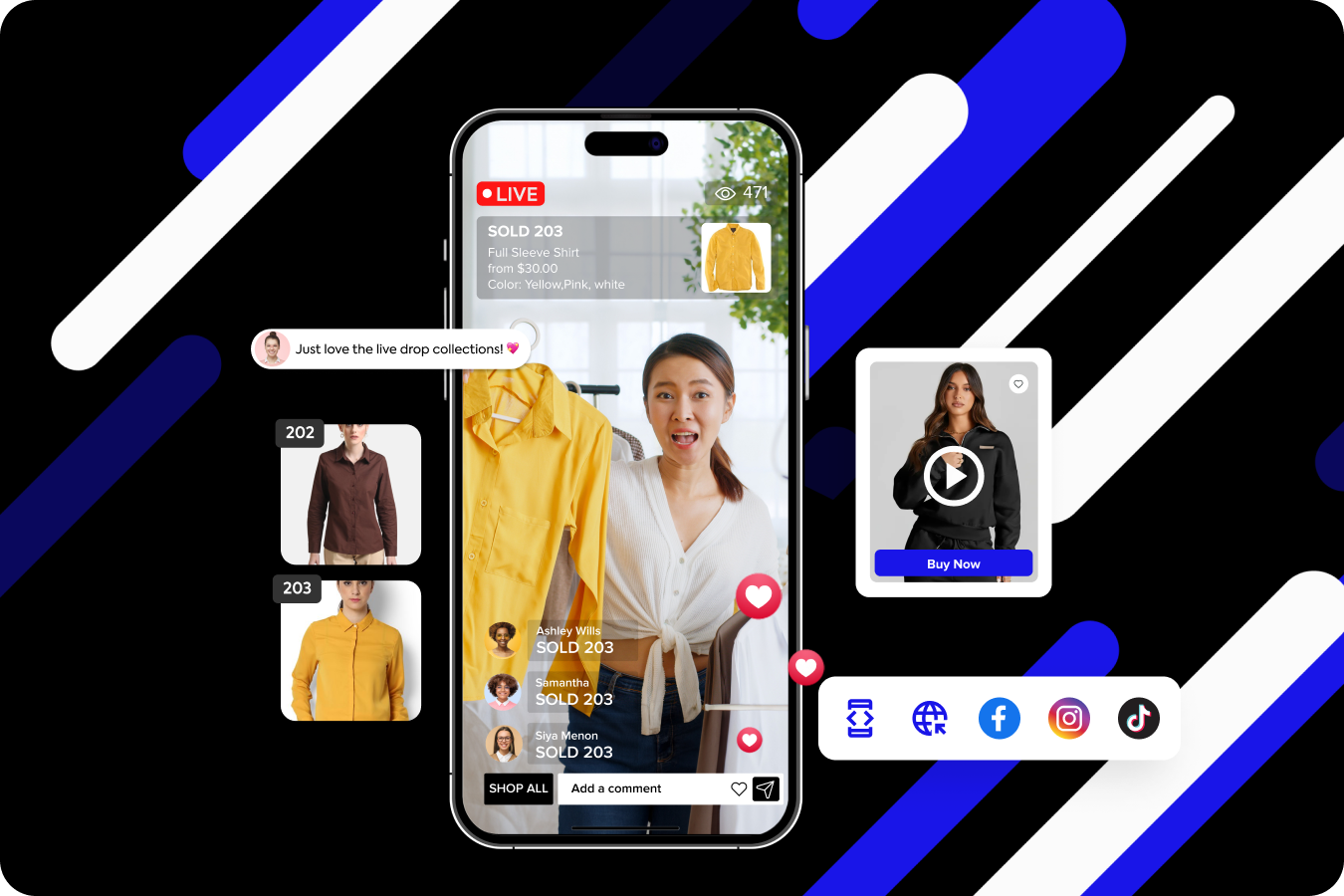 A mobile screen displaying a TikTok live sale and shoppable clips with interactive social features, product thumbnails, and user comments.
