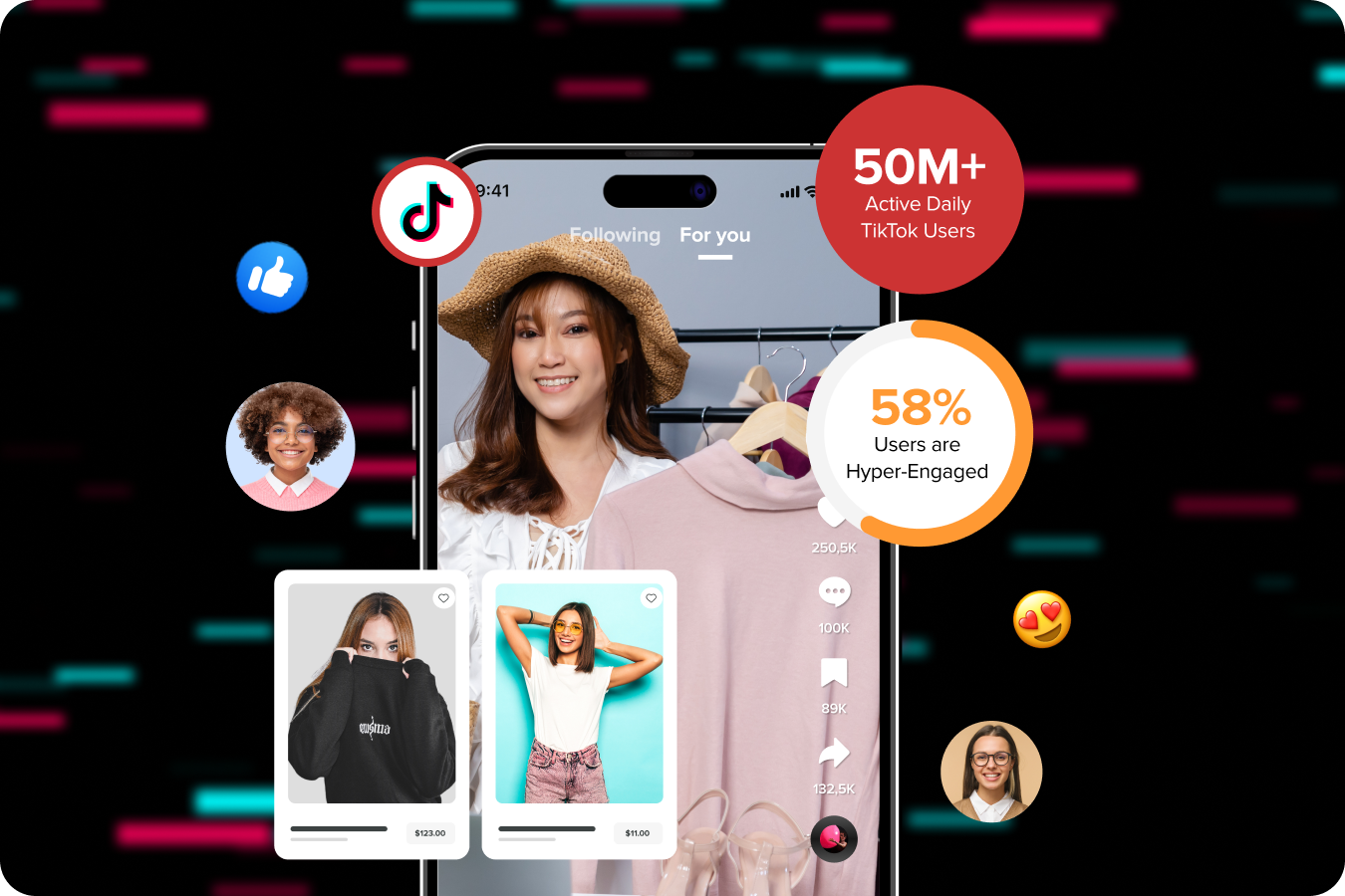 An infographic with TikTok user engagement stats, profile icons, fashion posts, and reaction emojis on a dynamic background.