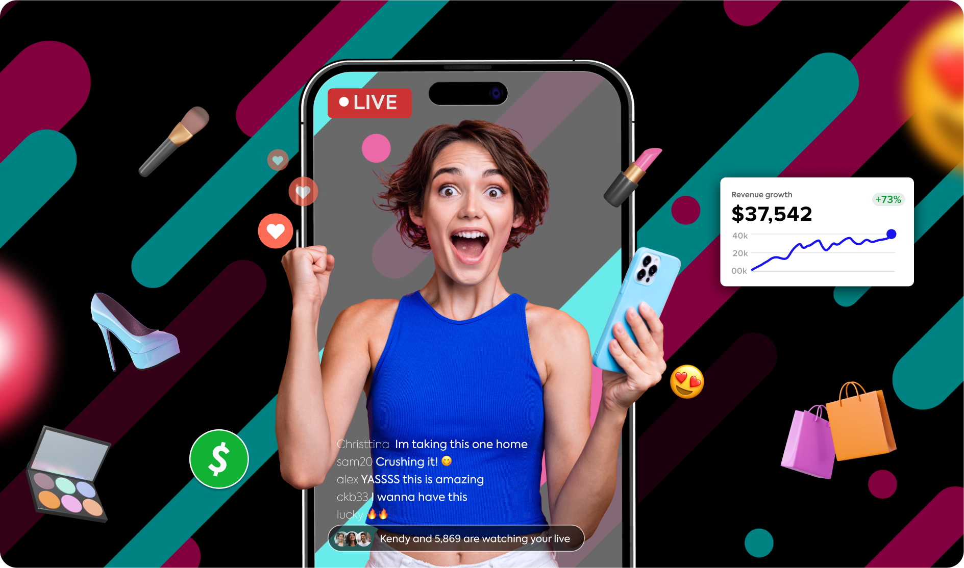 A woman live selling on her phone, excited about increased revenue after learning how to sell on TikTok