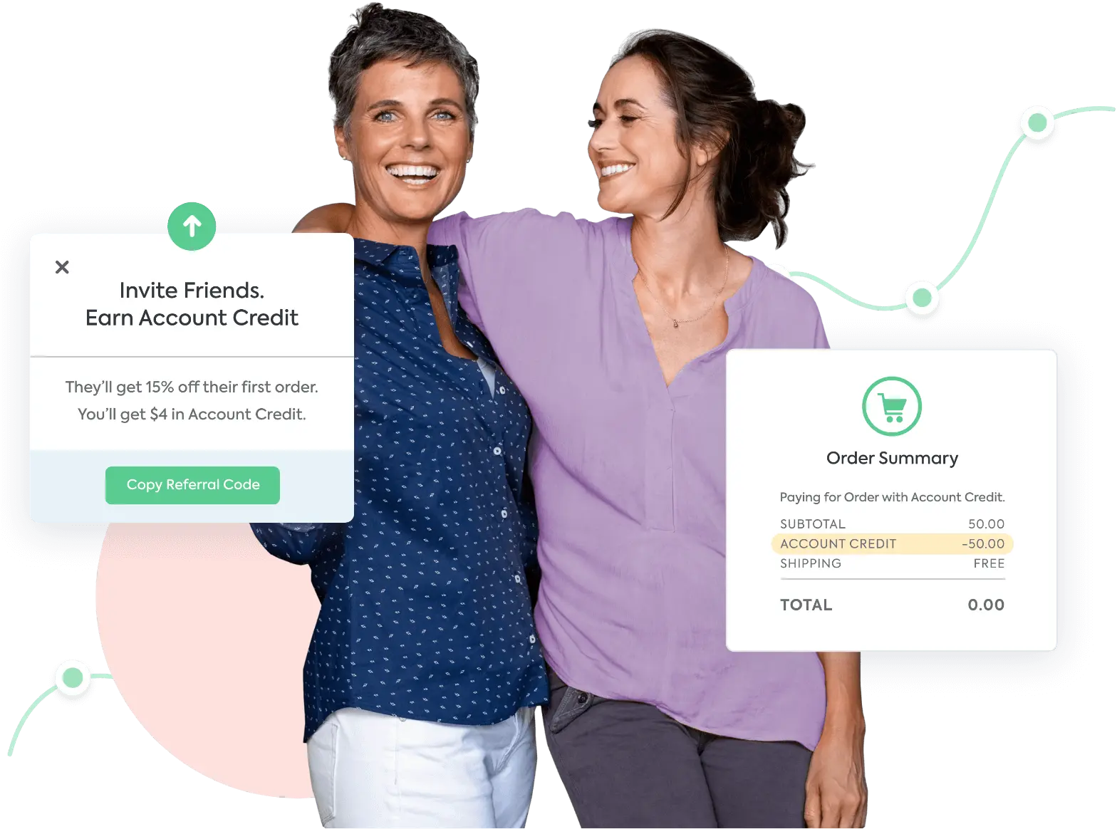 Two friends laughing with an invite code for referrals and a checkout screen using account credit.