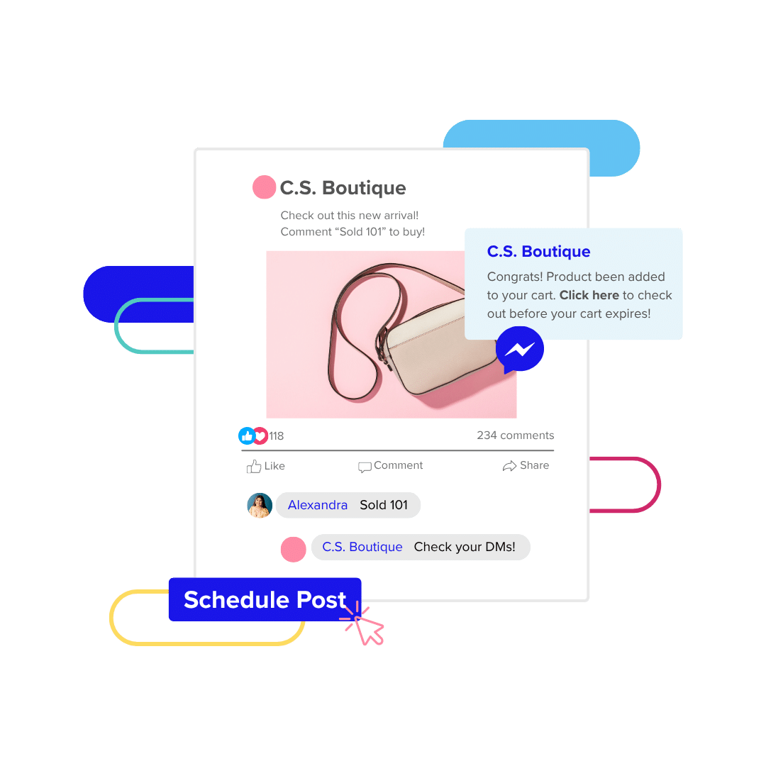 A mockup of the CommentSold Talent View with a woman selling sunglasses on Facebook Live and automated messages