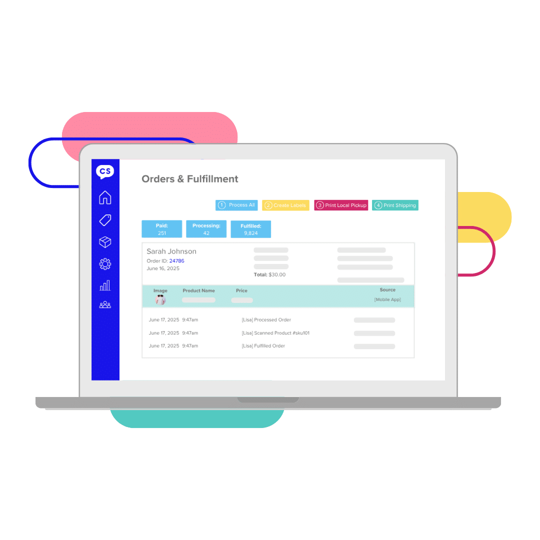 A view of the CommentSold dashboard highlighting the latest orders overview and an image of someone printing mailing labels