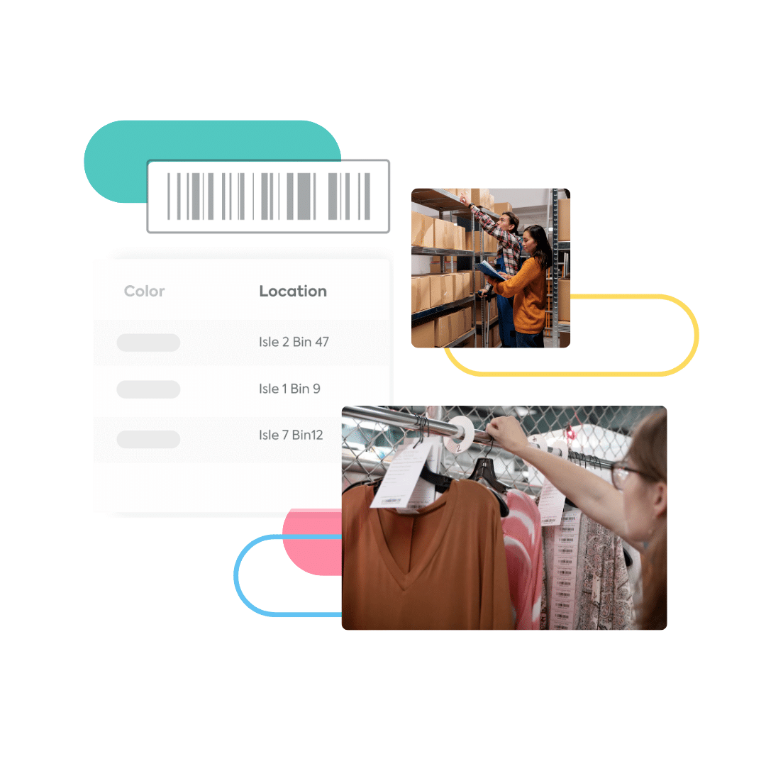 Images of workers picking items in a warehouse to pack for shipping as well as a pick list with item locations listed