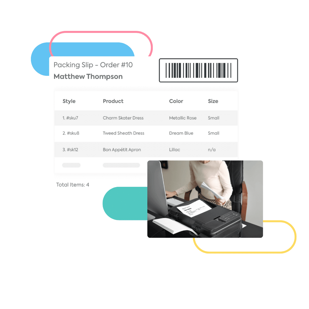 An example of a pick sheet and an image of multiple pick sheets being printed