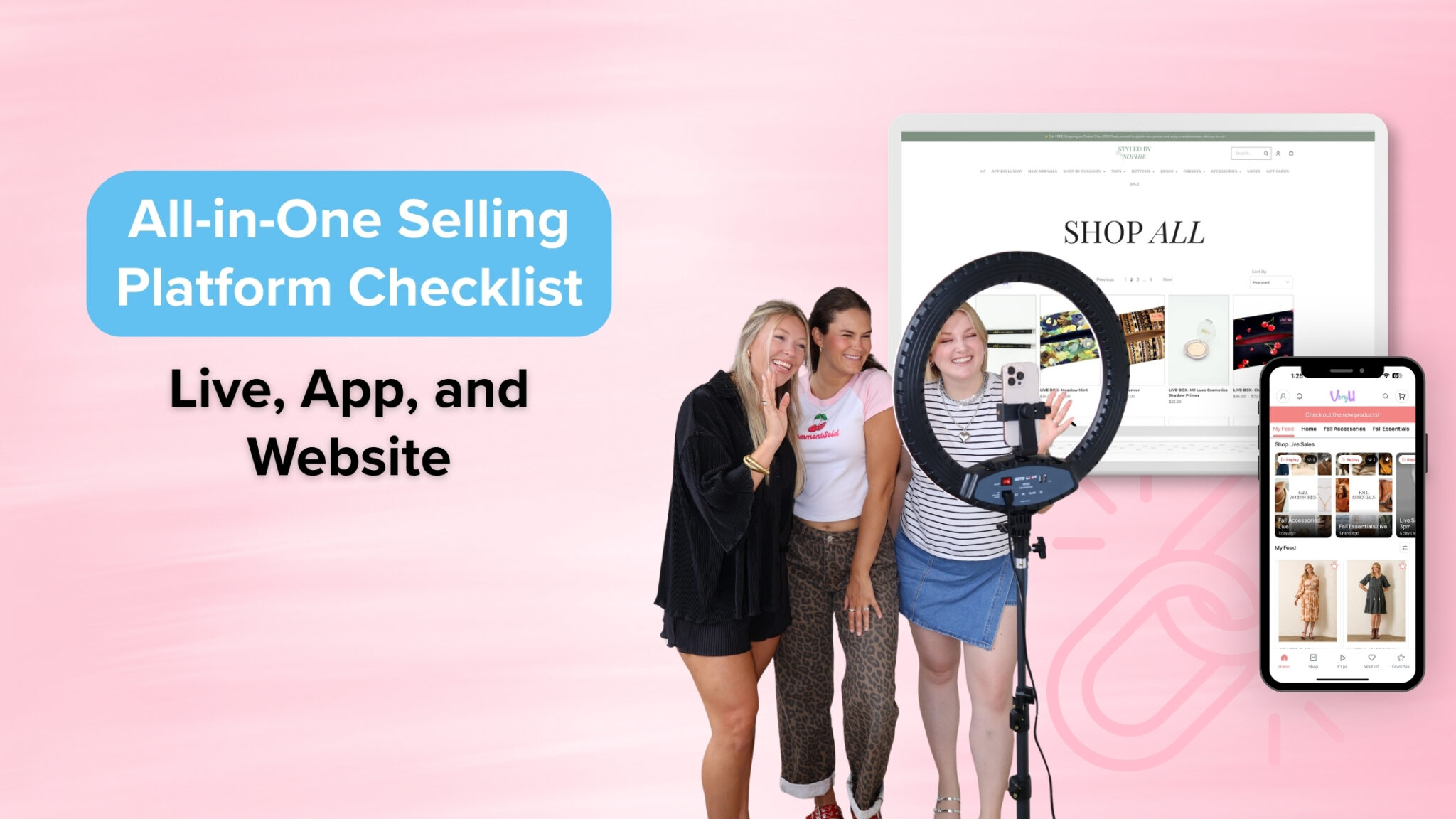 All-in-one selling platform checklist covering live selling, mobile app, and website